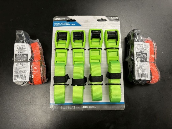 4 pack of 12’ pull tight/ quick release tie down straps and 2 12 ‘ratchet s
