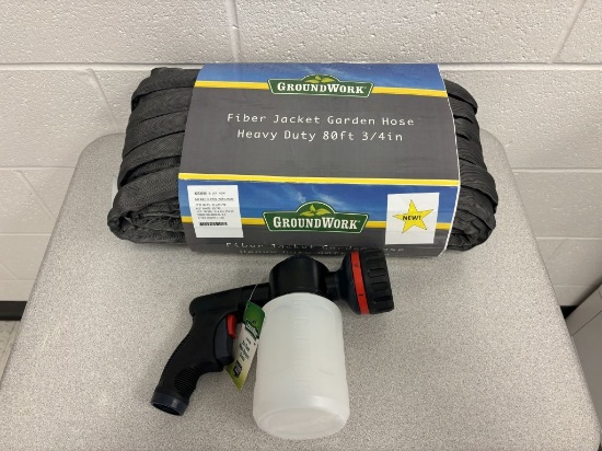 Heavy duty 80’ grey hose and 6 pattern pro foam wash sprayer nozzle. These