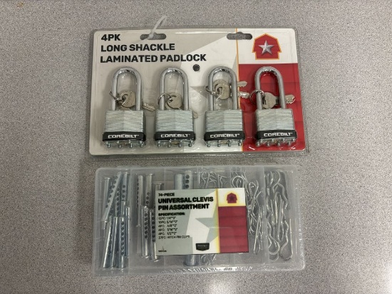 74 piece clench pin assortment and 4 pack of long shank laminated padlocks.