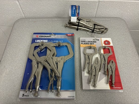 Three sets of locking (Vice Grip type) pliers and clamps. These new items a