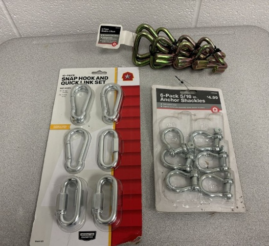 10 piece snap hook and quick link set, 8 piece double J hook, and 6 piece 5