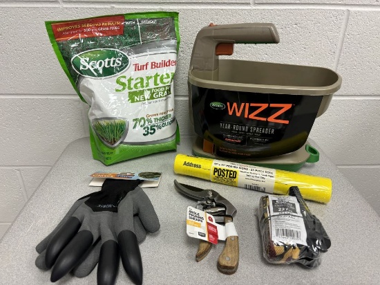Wizz battery powered seed spreader, gloves, Turf Starter seed pack, 8” prun