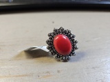 RED CORAL RING SIZE: 8 METAL: GERMAN SILVER