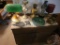 FOLD DOWN DRAWER AND CABINET WOODEN DRESSER, GLASSWARE, OIL LAMPS, : INCLUD