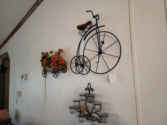 WALL DECOR: WAGON,TRICYCLE, BLUE FLOWER SWAG AND CANDLE HOLDER