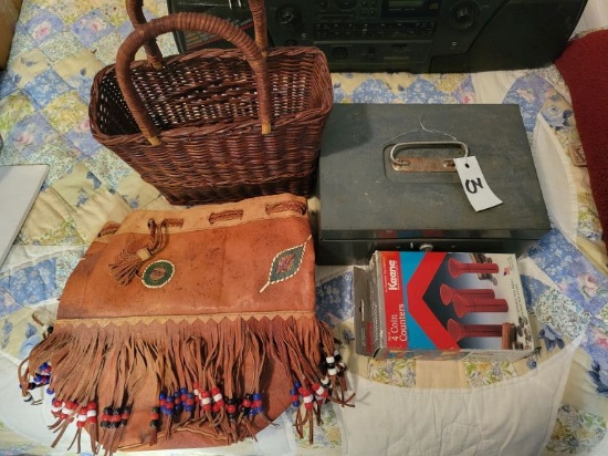ANTIQUE CHANGE BOX WITH 4 COIN COUNTERS, INDIAN FRINGE BAG, WICKER HAND BAG