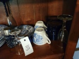 WHITE AND BLUE SAILBOAT CHINA SET WITH WINE GLASSES