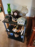 3 SHELF STAND, OIL LANTERNS, GLASS, TEAPOTS, BOOKS: INCLUDES EVERYTHING ON