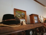 COWBOY HATS (2), INDIAN DECOR, WOODEN CLOCK:OPENS UP, MISC.
