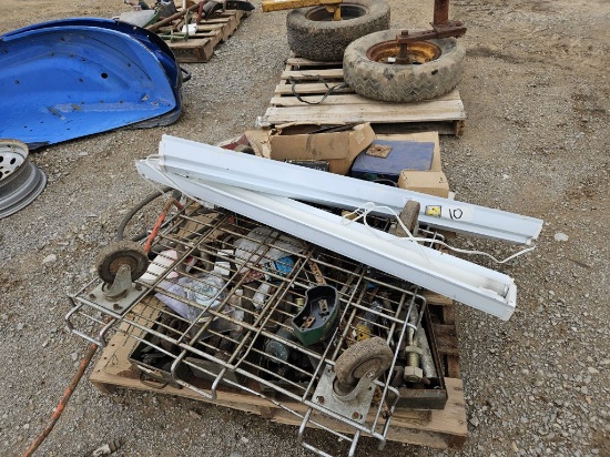 PALLET OF SHOP 4' HANGING LIGHTS (2), 2 1/2' CART THAT ROLLS, AND FITTINGS