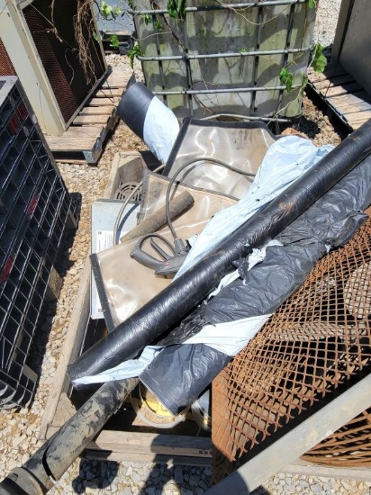 CRATE OF FAN, PTO SHAFT, PLASTIC MISC, AND MORE