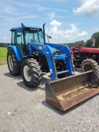 NEW HOLLAND TS100 CAB TRACTOR, 2595 BUHLER ALLIED FRONT END LOADER W/ 7' BU