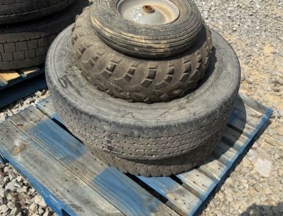 2 TRUCK TIRES, 1 4-WHEELER TIRE, 1 WHEEL BARROW TIRE