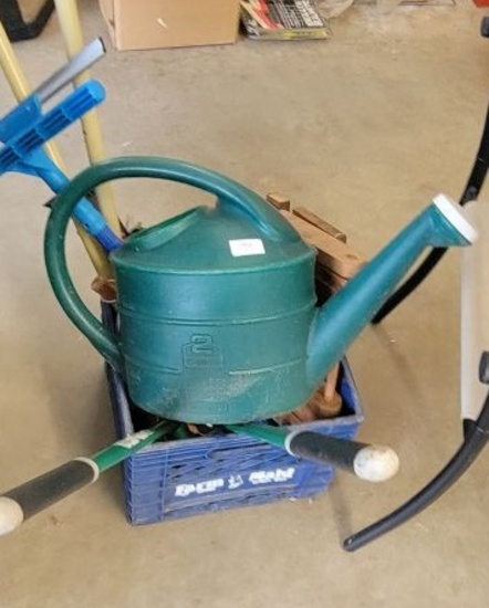 BLUE CRATE OF MISC GARDEN TOOLS