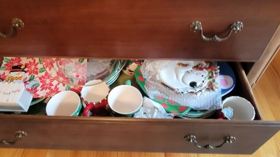 CHRISTMAS DISHES & CUPS (IN DRAWER OF ENTERTAINMENT CENTER)