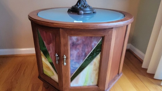 CIRCULAR LAMP TABLE GLASS TOPS STAINED GLASS FRONT WITH IRON LAMP