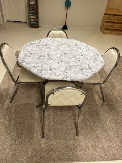OCTAGON WOODEN TABLE GLASS TOP, 4 METAL BACK CHAIRS