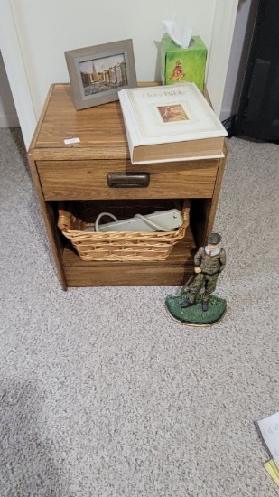 SIDE TABLE, PICTURE FRAME, GOLFER DOOR STOP, HOLY BIBLE