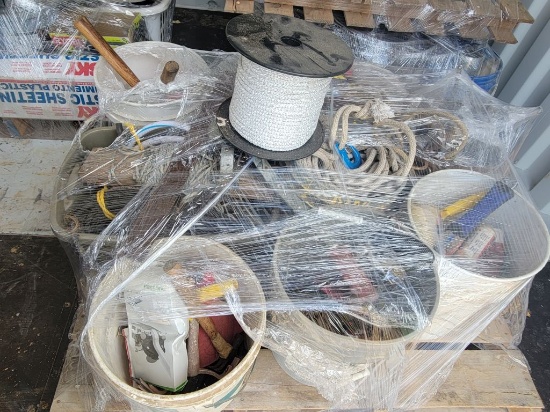 PALLET OF BUCKETS CONTAINING LOCKS, CHAINS, ROPE, MISC ITEMS (GARAGE SELLOU