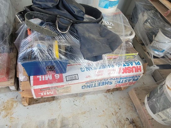 PALLET OF MISC ITEMS SOME HOUSE REPAIRING ITEMS SOME SHOP ITEMS (GARAGE SEL