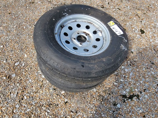 (2) 5 LUG TRAILER WHEELS AND TIRES- 225/75R15, LOAD RANGE D, SELLS ABSOLUTE