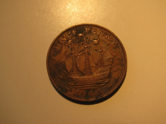 Foreign Coins: 1944 Great Britain 1/2 Penny