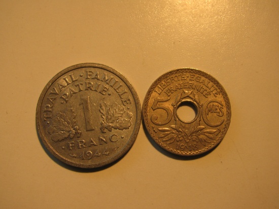Foreign Coins: 1944 France 1 Franc & 1918 France 5 Centimes