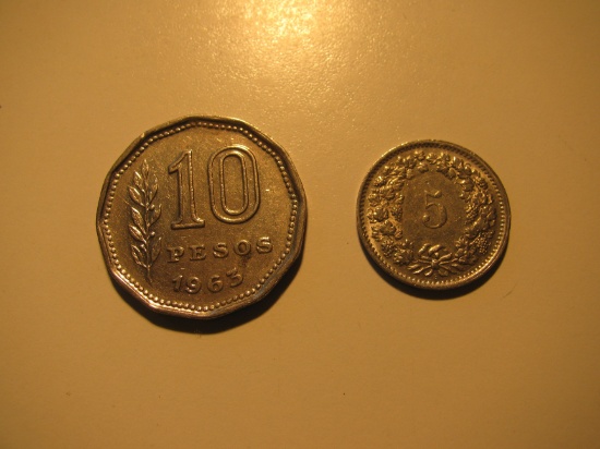 Foreign Coins: 1963 Argentina 10 Pesos & 1969 Switzerland 5 Rappen