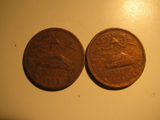 Foreign Coins: 1953 & 1955 Mexico 20 Cenatvos