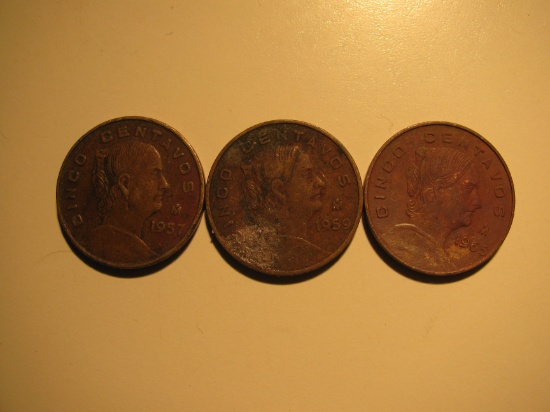 Foreign Coins: 1957, 1959 & 1965 Mexico Five Cenatvos