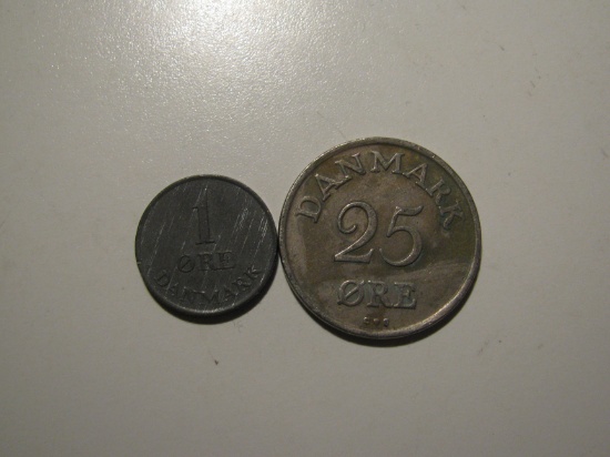 Foreign Coins:1960 Demark 25 & 1967 1 Ore