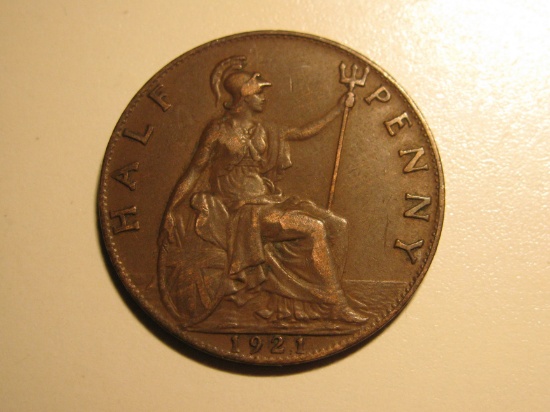 Foreign Coins: 1921 Great Britain 1/2 Penny