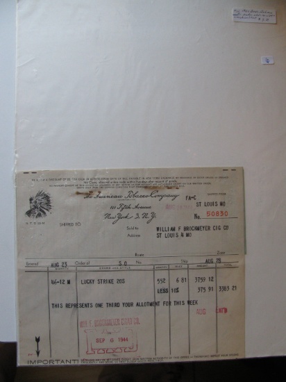 1944 American Tobacco Company order slip, receipt, and warehouse sheet