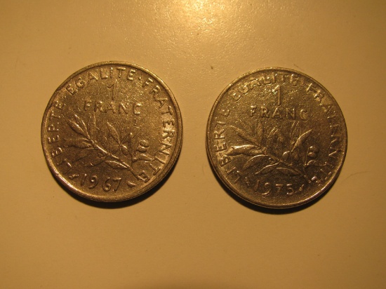 Foreign Coins: 1967 & 1975 France 1 Francs
