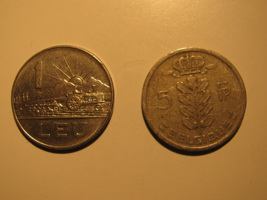 Foreign Coins: 1950 Belgium 5 Francs & 1966 Romania 1 Leu