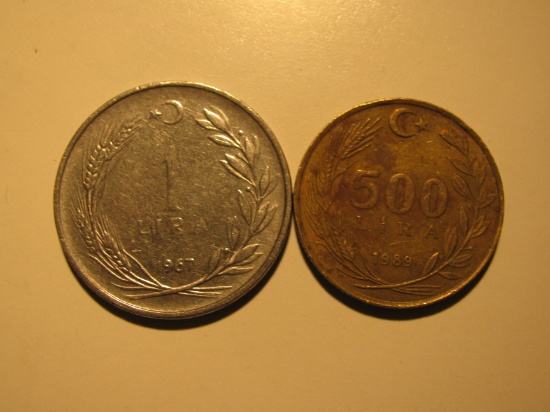 Foreign Coins: Turkey 1967 1 & 1989 500 Lira