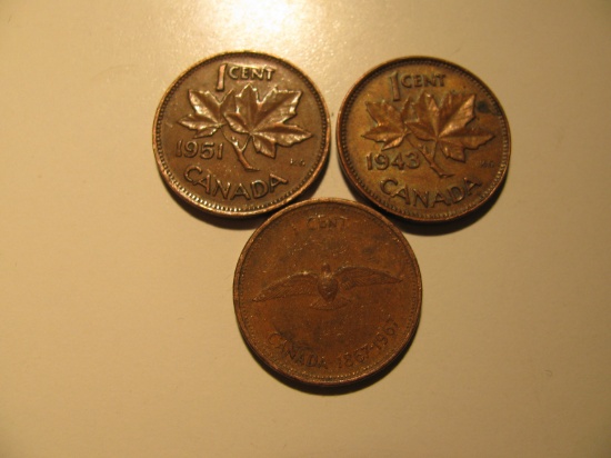 Foreign Coins: 1943, 1951 & 1967 Bi-Cententail Canada 1 cents