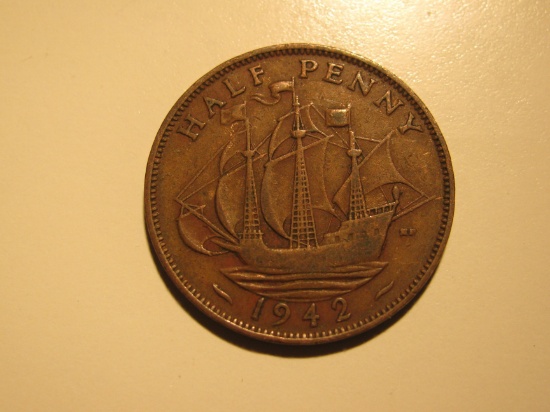 Foreign Coins: WWII 1942 Great Britain 1/2 Penny