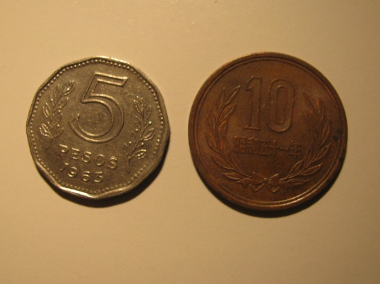 Foreign Coins: 1963 Argentian 5 Pesos & Japan 10 Yen