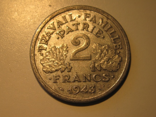 Foreign Coins: WWII 1943 France 2 Francs
