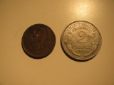 Foreign Coins:1923 Italy 10 centimos & 1959 France 2 Francs