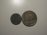 Foreign Coins:1960 Demark 25 & 1967 1 Ore
