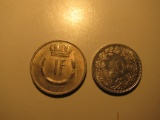 Foreign Coins: 1972 Luxamburg 1 Franc & 1997 Switzerland 10 Rappen