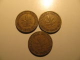 Foreign Coins: 3x1950 Germany 10 Pennig