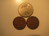 Foreign Coins: 1943 & 1966 Canada 1 cents & 1964 Denmark 25 Ore