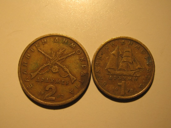 Foreign Coins: 1978 Greece 1 & 1982 2 Drachmas