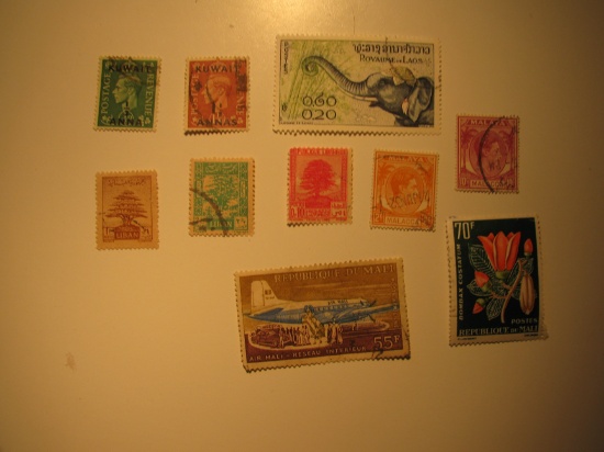Vintage stamps set of: Kuwait, Laos, Lebanon, Malaya & Mali