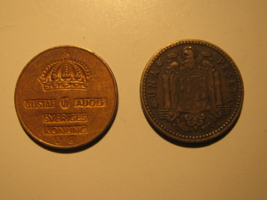Foreign Coins: 1947 Spain 1 Peseta & 1965 Sweden 2 Ores