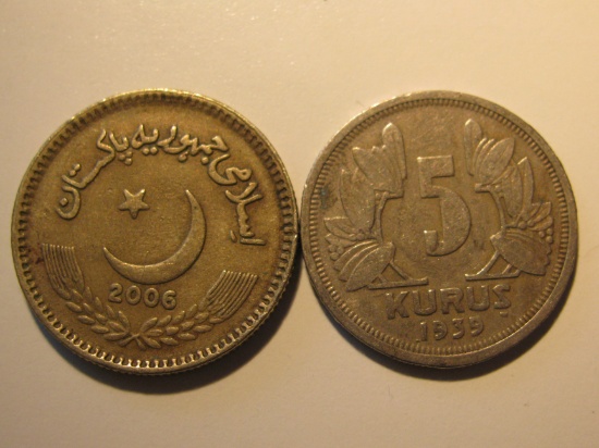 Foreign Coins:1939 Turkey 50 Kurus & 2006 Pakistan 2 Rupees