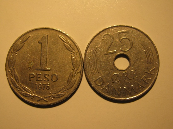 Foreign Coins: 1973 Denmark 25 Ore & 1976 Chile 1 Peso